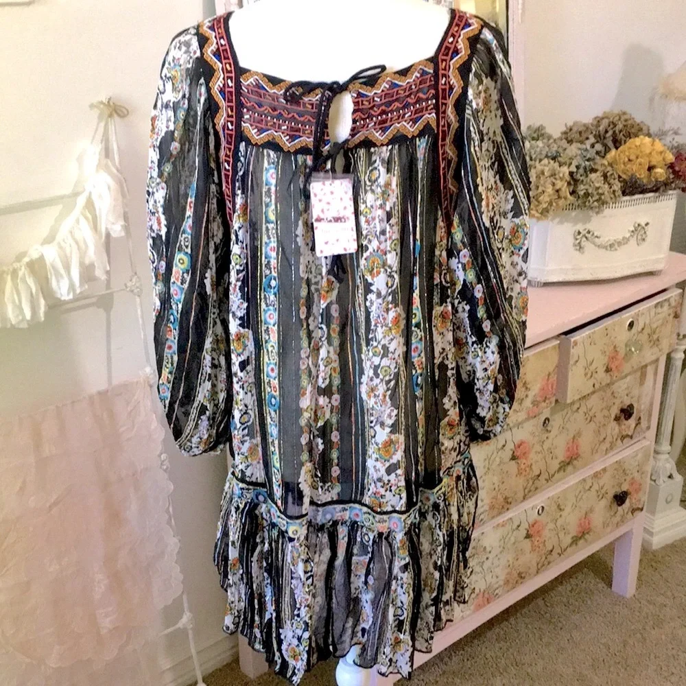 NWT✨$148 Free People Dance Magic Embroidered Sleeve Tunic Dress Black Small - Picture 4 of 10
